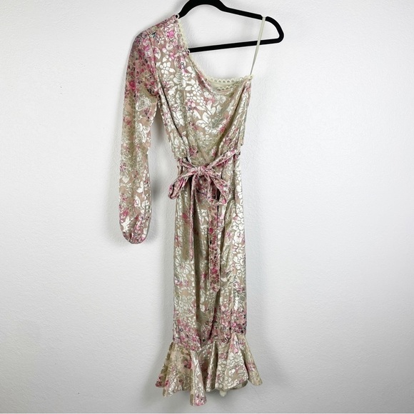 Hemant and Nandita Nina One Shoulder Floral Velvet Dress XS Cream Green Cocktail - Picture 2 of 10
